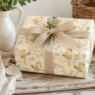 Papier Cadeau Aquarelle vintage Bébé poussins et printemps flora