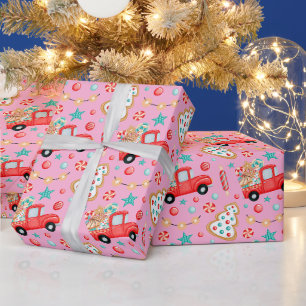 Papier Cadeau Aquarelle Vintage Camion de Noël avec bonbon
