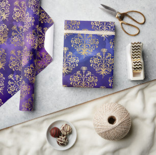 Papier Cadeau Aquarelle violet Motif avec Gold Damask