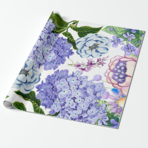 Papier Cadeau Aquarelle violet, rose, Fleurs de jardin bleues