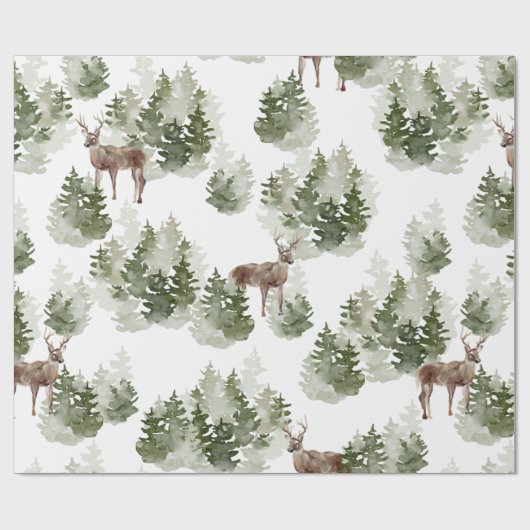 Papier Cadeau Aquarelles Et Noël Vert Cerf (Plat)