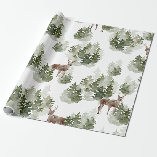 Papier Cadeau Aquarelles Et Noël Vert Cerf (Déroulé)