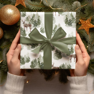 Papier Cadeau Aquarelles Et Noël Vert Cerf
