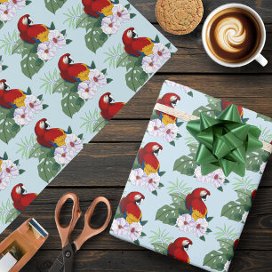 Papier Cadeau Ara Macao Rouge Perroquet Tropical Hibiscus Floral