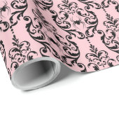 Papier Cadeau Araignées à Damas rose et noire (Coin rond)