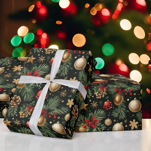 Papier Cadeau Arbre À feuillage persistant de Noël Ornements Or 