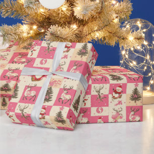 Papier Cadeau Arbre à pin de style rétro et Père Noël