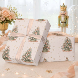 Papier Cadeau Arbre de Noël à l'aquarelle Peach Mint Fêtes