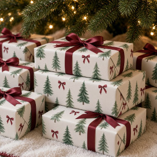 Papier Cadeau Arbre de Noël à l'aquarelle vintage avec ruban bor