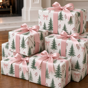Papier Cadeau Arbre de Noël à l'aquarelle vintage avec ruban ros