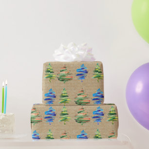 Papier Cadeau Arbre de Noël abstrait aquarelle coloré Kraft