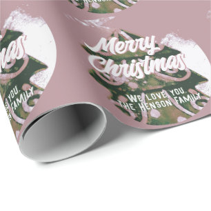 Papier Cadeau Arbre de Noël Artistique Vert Rose Joyeux Script
