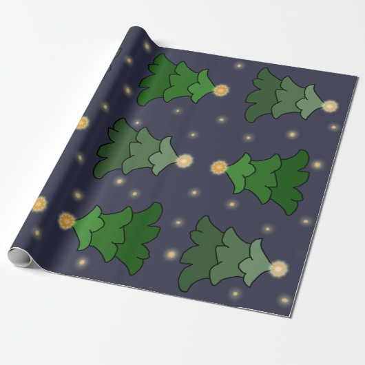Papier Cadeau Arbre de Noël avec étoiles sur bleu personnalisé (Déroulé)