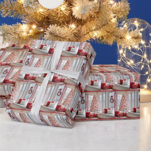 Papier Cadeau Arbre de Noël blanc par fenêtre d'hiver (Vacances)