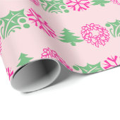 Papier Cadeau Arbre de Noël blanc rose et vert de l'Arbre de Noë (Coin rond)