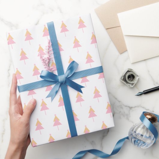Papier Cadeau Arbre de Noël blanc rose jaune minimal (Cadeaux)