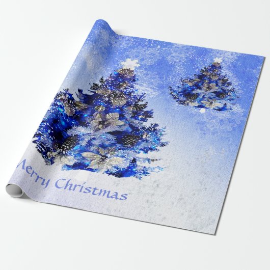 Papier Cadeau Arbre de Noël bleu décoré (Déroulé)