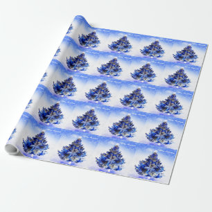 Papier Cadeau Arbre de Noël bleu décoré