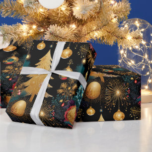 Papier Cadeau Arbre de Noël botanique Luxe Or Noir