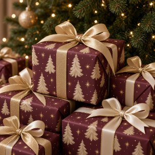 Papier Cadeau Arbre de Noël Crème Aquarelle Morose Bourgogne