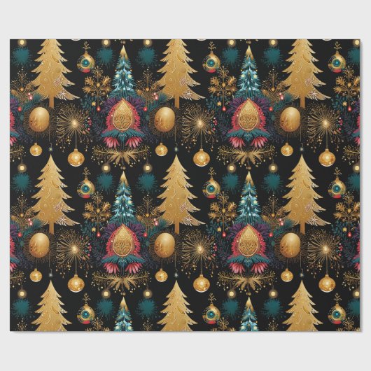 Papier Cadeau Arbre de Noël doré de luxe aux accents Turquoises (Plat)