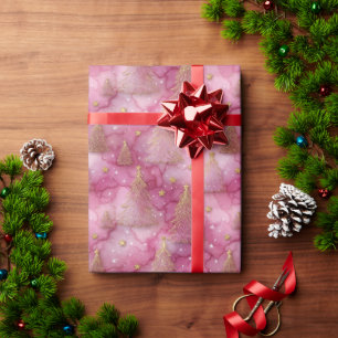 Papier Cadeau Arbre de Noël doré scintillant sur fond rose