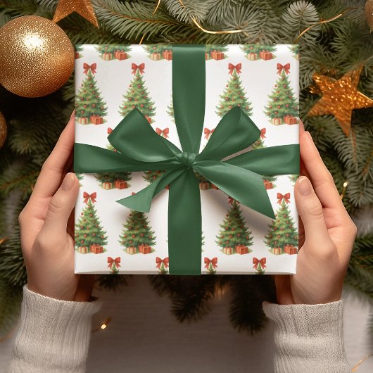 Papier Cadeau Arbre de Noël élégant avec Bow rouge et présents -