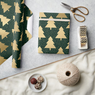 Papier Cadeau Arbre de Noël élégant en vert et or en feuille de