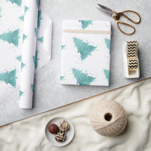 Papier Cadeau Arbre de Noël élégant | Luxe Aqua Mint Splatter (Artisanat)