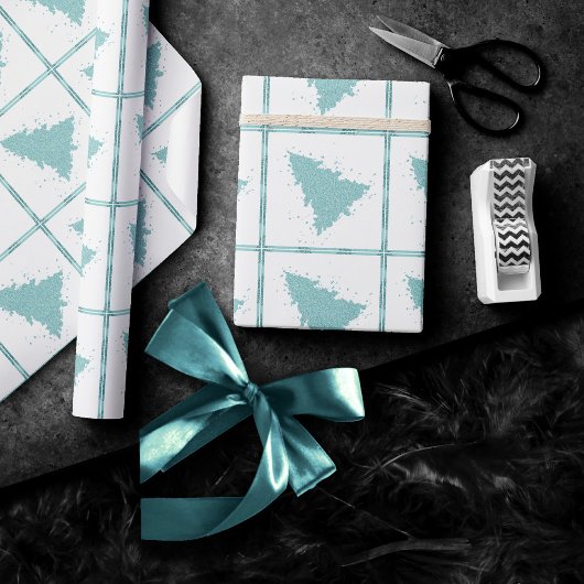 Papier Cadeau Arbre de Noël élégant | Luxe Aqua Mint Splatter