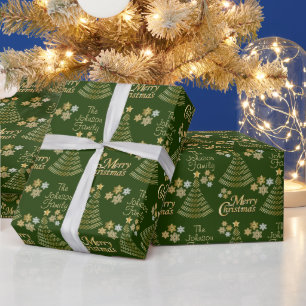 Papier Cadeau Arbre de Noël en écaille dorée et verte foncée