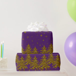 Papier Cadeau Arbre de Noël en or brillant, étoiles, neige sur