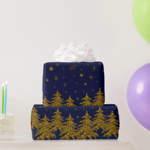 Papier Cadeau Arbre de Noël en or brillant, étoiles, neige sur b