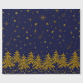 Papier Cadeau Arbre de Noël en or brillant, étoiles, neige sur b (Plat)