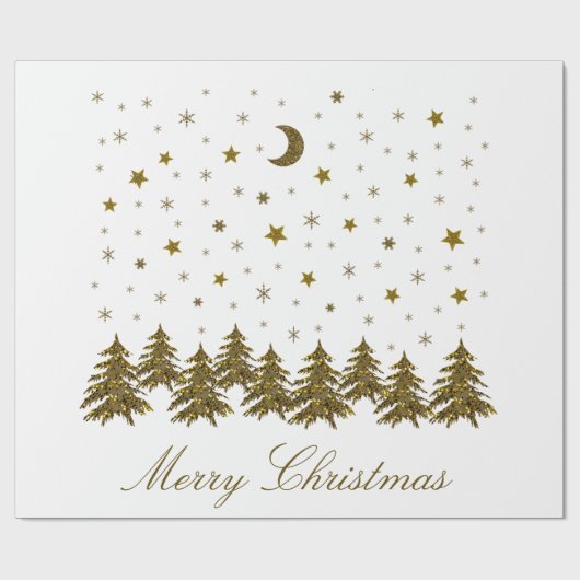 Papier Cadeau Arbre de Noël en or brillant, lune, étoiles Noël (Plat)