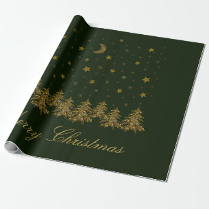 Papier Cadeau Arbre de Noël en or brillant, lune, étoiles sur ve
