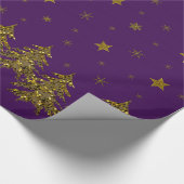 Papier Cadeau Arbre de Noël en or brillant, lune, étoiles sur vi (Coin)