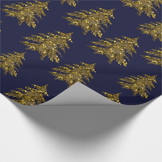 Papier Cadeau Arbre de Noël en or brillant sur bleu foncé (Coin)