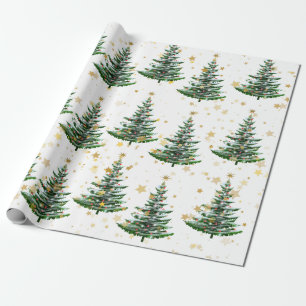 Papier Cadeau Arbre de Noël et étoiles d'or