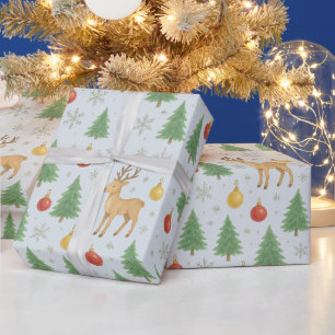 Papier Cadeau Arbre de Noël et rennes aquarelles -