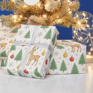 Papier Cadeau Arbre de Noël et rennes aquarelles -