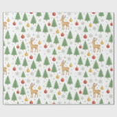 Papier Cadeau Arbre de Noël et rennes aquarelles - (Plat)