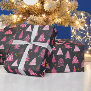 Papier Cadeau Arbre de Noël gris et rose Motif