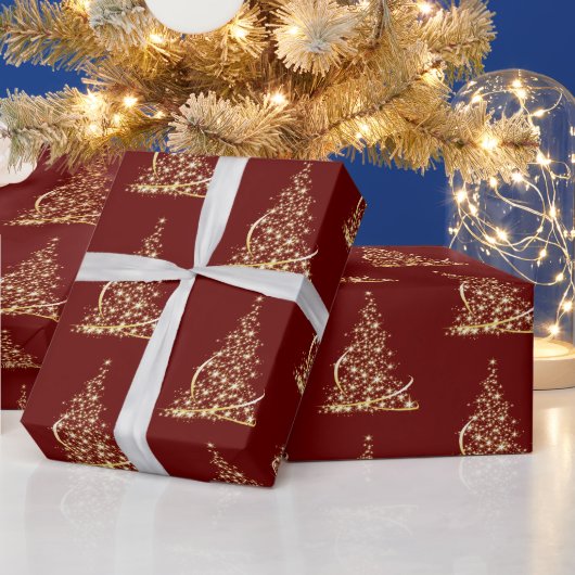 Papier Cadeau Arbre de Noël moderne étincelle rouge or (Vacances)