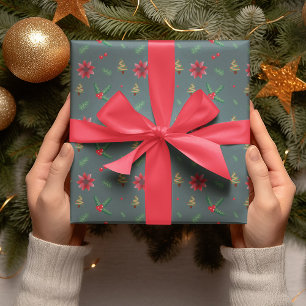 Papier Cadeau Arbre de Noël moderne & Fleurs rouges Cadeau