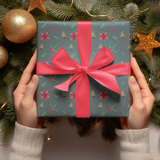 Papier Cadeau Arbre de Noël moderne & Fleurs rouges Cadeau