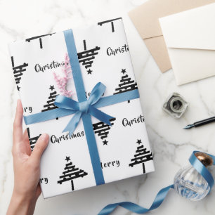 Papier Cadeau Arbre de Noël Moderne Noir et Blanc pour les Fêtes