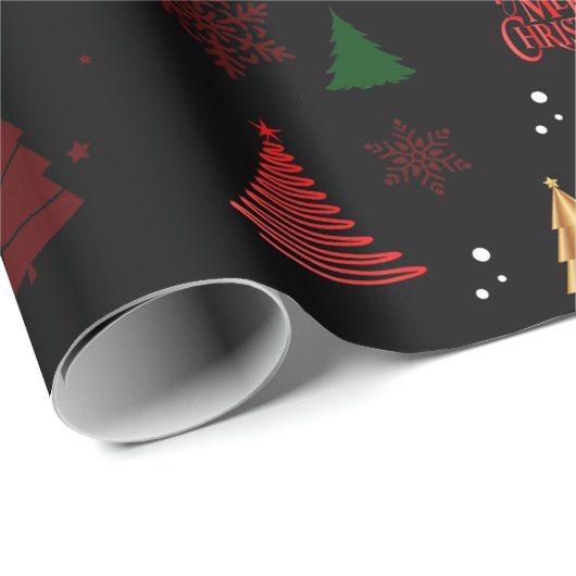 Papier Cadeau Arbre de Noël moderne noir et flocons de neige Cad (Coin rond)