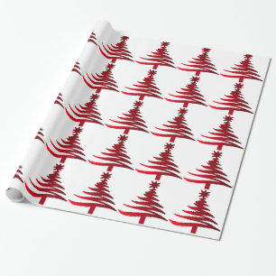 Papier Cadeau Arbre de Noël Moderne Pochoir Imprimé Rouge