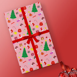 Papier Cadeau Arbre de Noël moderne rose chaud et trucs